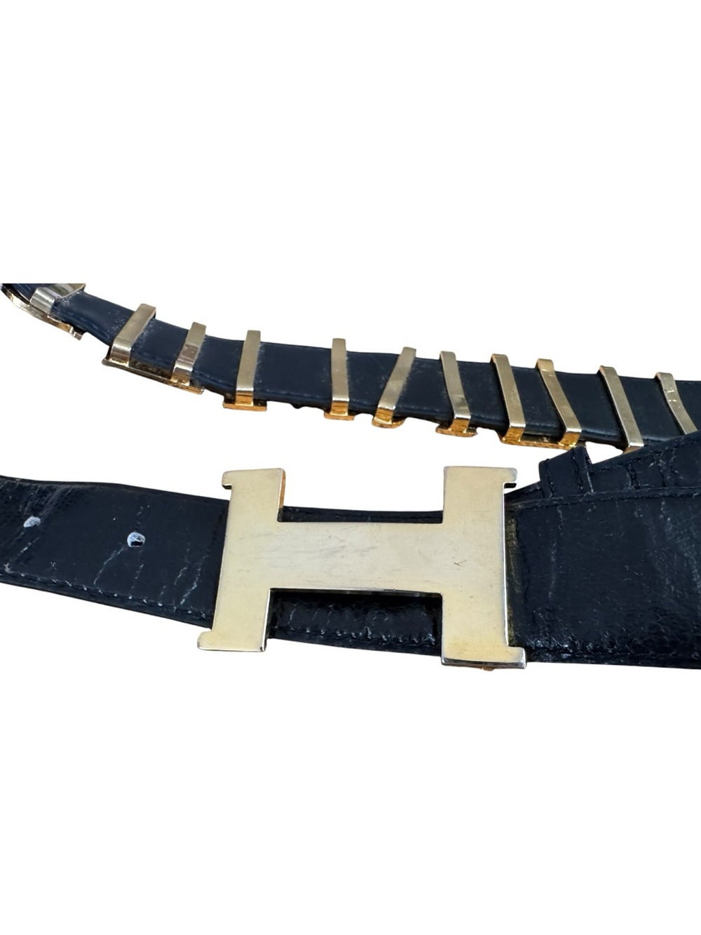 Gold “H” Nameplate Black Faux Leather Constance Belt Sz M 32-34” Unisex - Picture 5 of 8